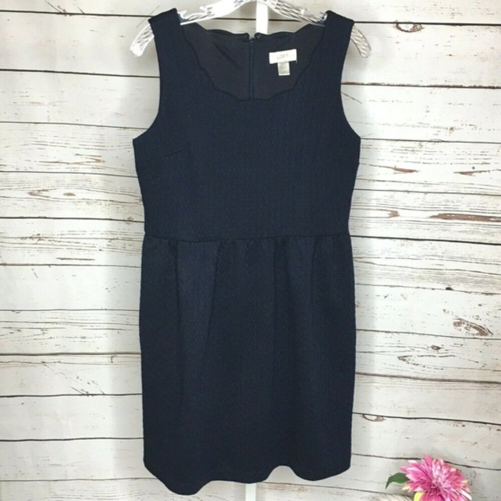 Ann Taylor Loft Scallop Neckline Dress Size 8 Navy Blue